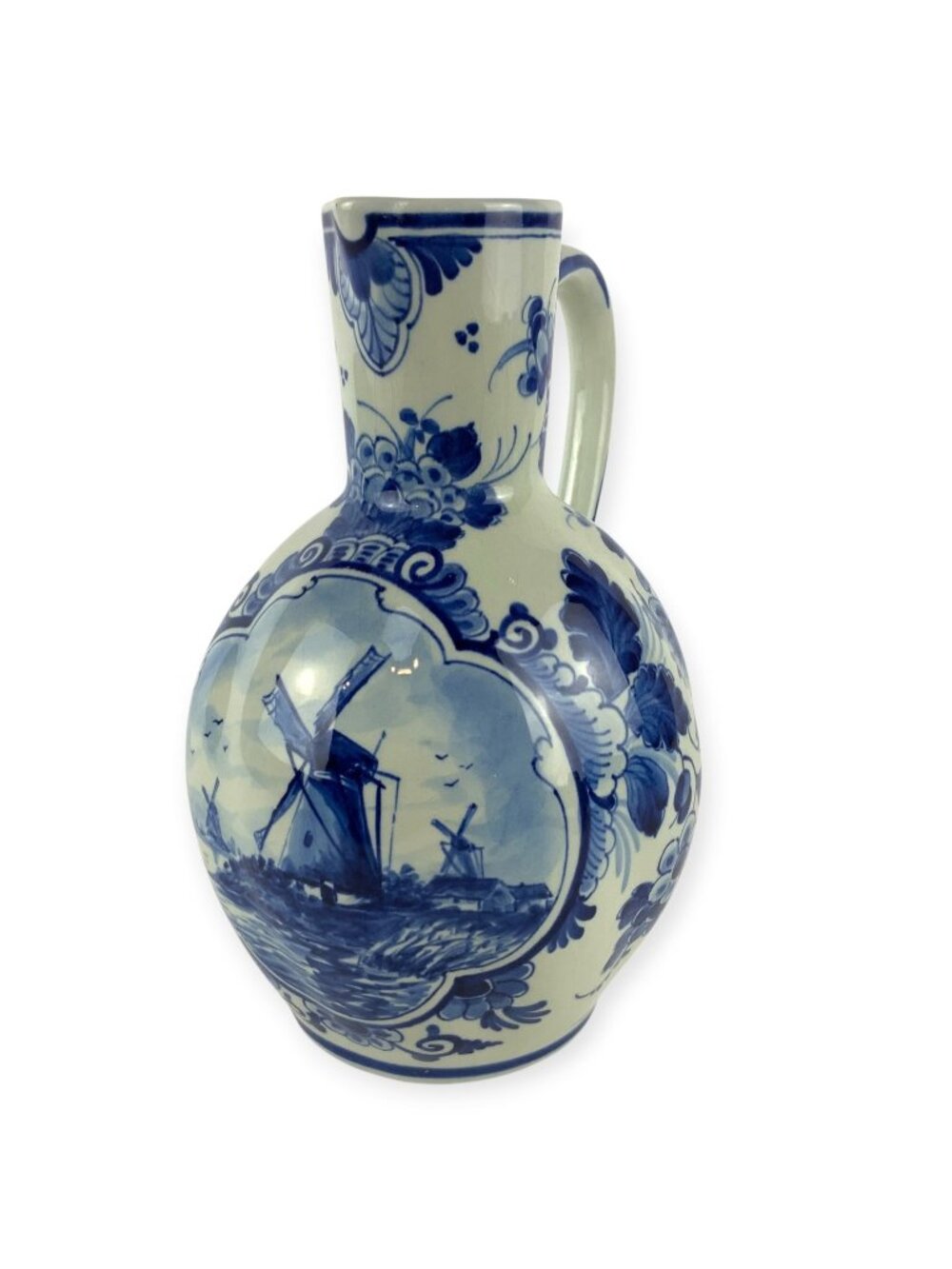 Hand-Painted Delft Blue Windmill Pitcher Dutch Ceramic Jug Floral Scenic Design